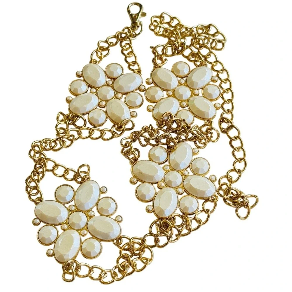 VTG Gold Tone Metal Chain Regal Pearl Belt Necklace‎ Couture chunky Retro 49
